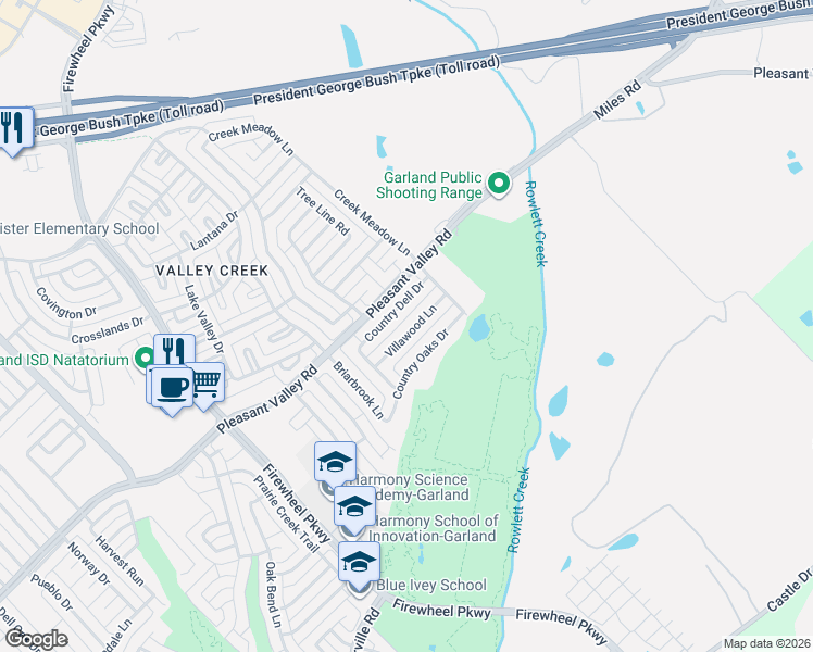 map of restaurants, bars, coffee shops, grocery stores, and more near 2201 Country Oaks Drive in Garland