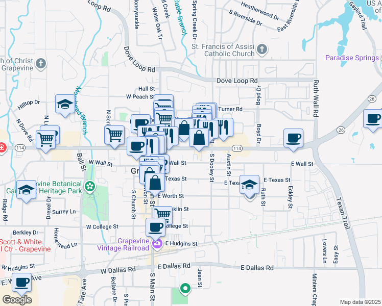 map of restaurants, bars, coffee shops, grocery stores, and more near 315 East Wall Street in Grapevine