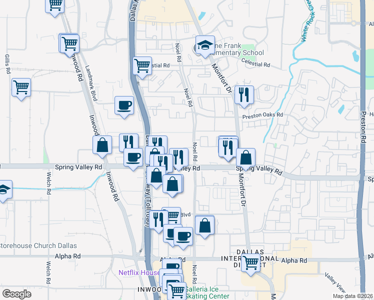 map of restaurants, bars, coffee shops, grocery stores, and more near 14145 Noel Road in Dallas