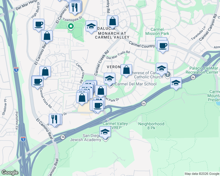 map of restaurants, bars, coffee shops, grocery stores, and more near 12345 Carmel Park Drive in San Diego
