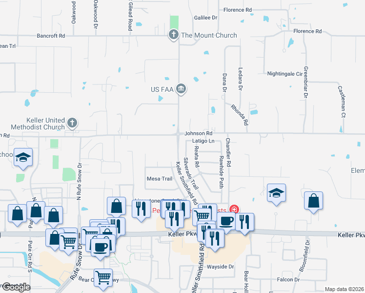 map of restaurants, bars, coffee shops, grocery stores, and more near 1409 Latigo Lane in Keller