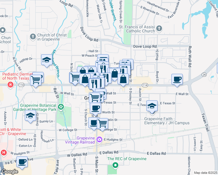 map of restaurants, bars, coffee shops, grocery stores, and more near 203 East Northwest Highway in Grapevine
