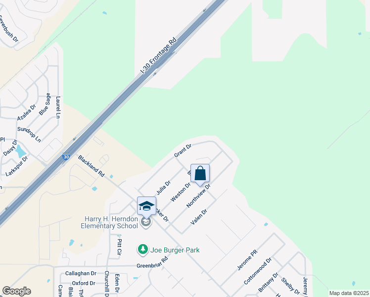 map of restaurants, bars, coffee shops, grocery stores, and more near 204 Grant Drive in Royse City