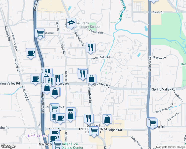 map of restaurants, bars, coffee shops, grocery stores, and more near 14100 Montfort Drive in Dallas