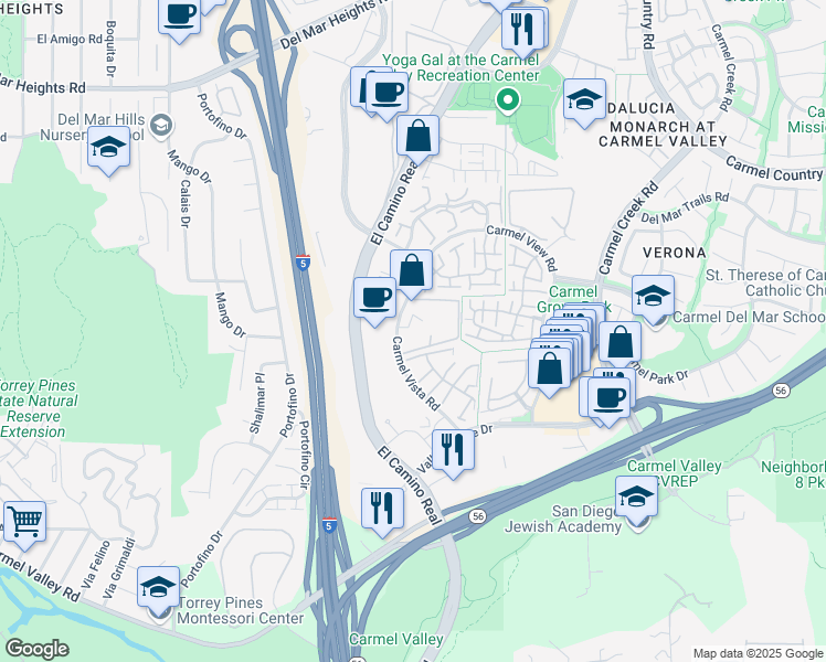 map of restaurants, bars, coffee shops, grocery stores, and more near 12291 Carmel Vista Road in San Diego