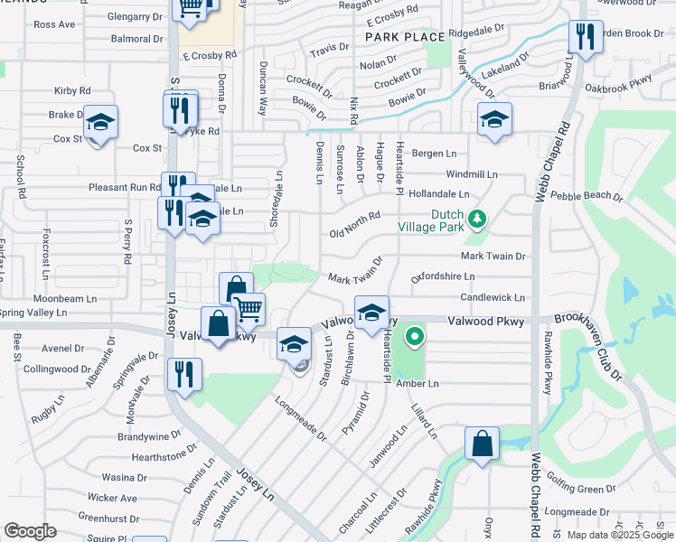 map of restaurants, bars, coffee shops, grocery stores, and more near 2833 Joanna Drive in Farmers Branch