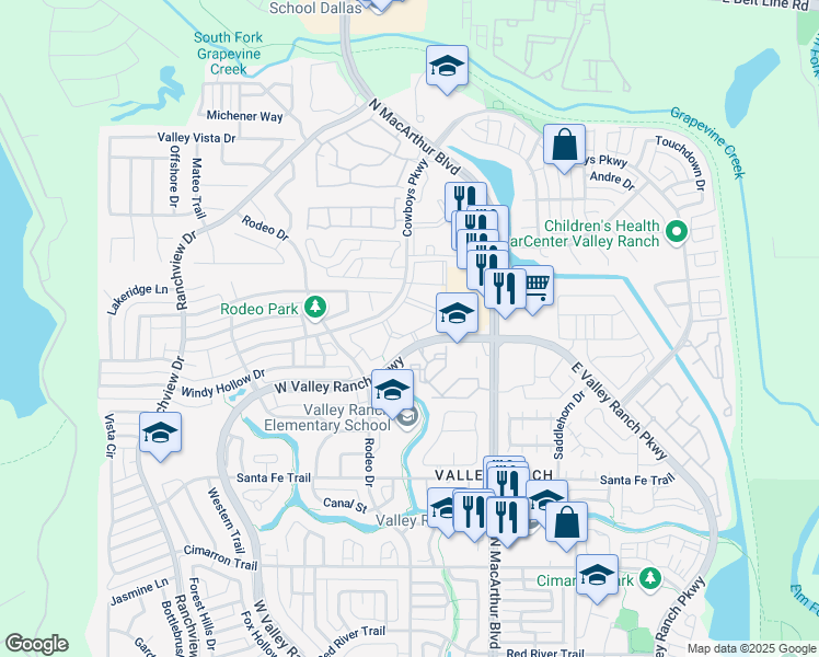 map of restaurants, bars, coffee shops, grocery stores, and more near 9839 Valley Ranch Parkway West in Irving