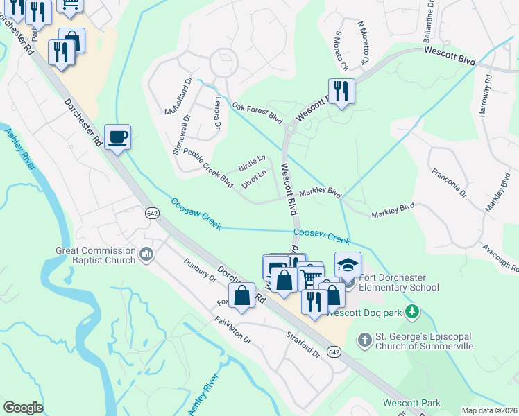 map of restaurants, bars, coffee shops, grocery stores, and more near 9629 Pebble Creek Boulevard in Summerville