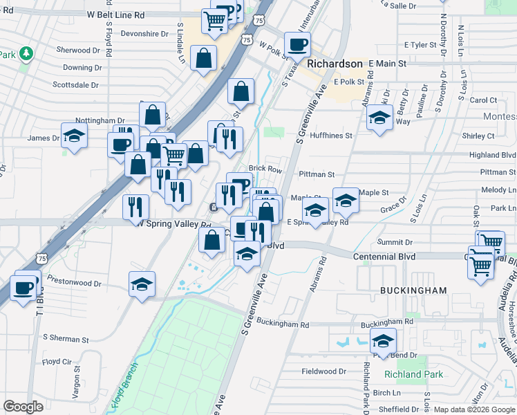 map of restaurants, bars, coffee shops, grocery stores, and more near 743 Brick Row in Richardson