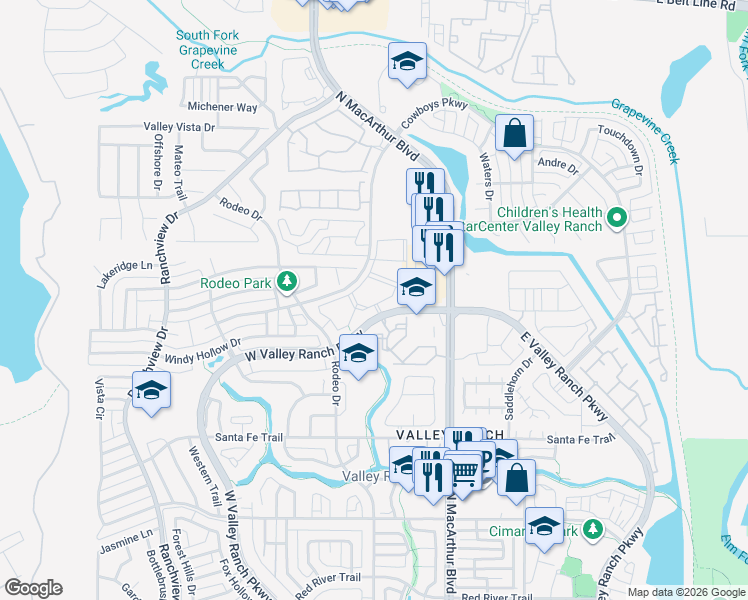 map of restaurants, bars, coffee shops, grocery stores, and more near 9835 West Valley Ranch Parkway in Irving