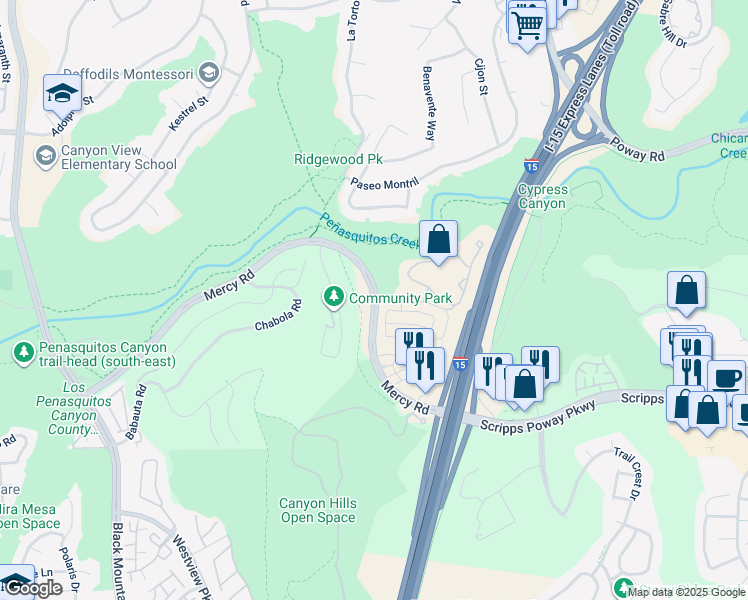 map of restaurants, bars, coffee shops, grocery stores, and more near Mercy Road & Kika Court in San Diego