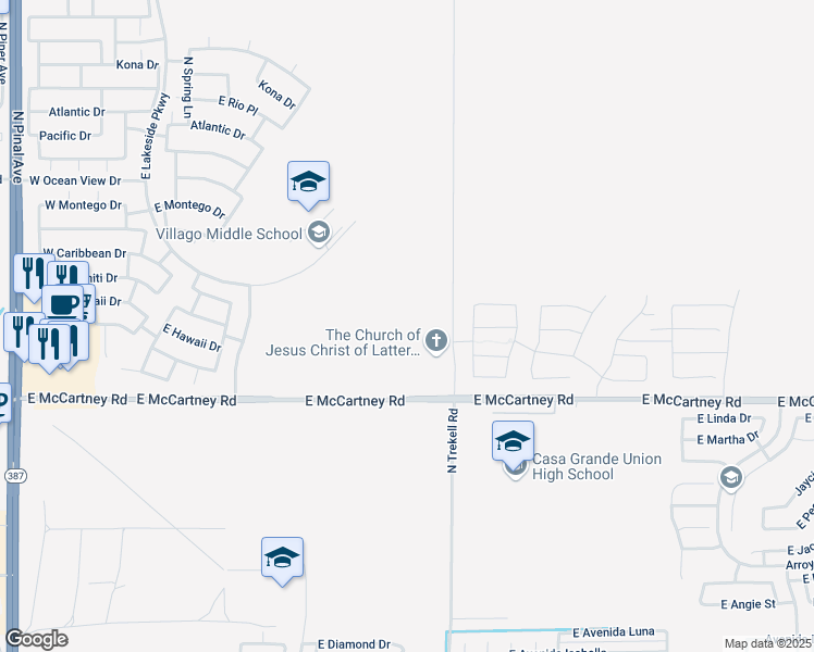 map of restaurants, bars, coffee shops, grocery stores, and more near Terkell Road in Casa Grande