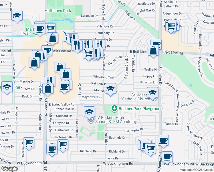 map of restaurants, bars, coffee shops, grocery stores, and more near 1713 Rainbow Drive in Richardson