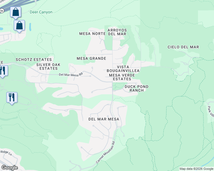 map of restaurants, bars, coffee shops, grocery stores, and more near 12408 Del Vino Court in San Diego