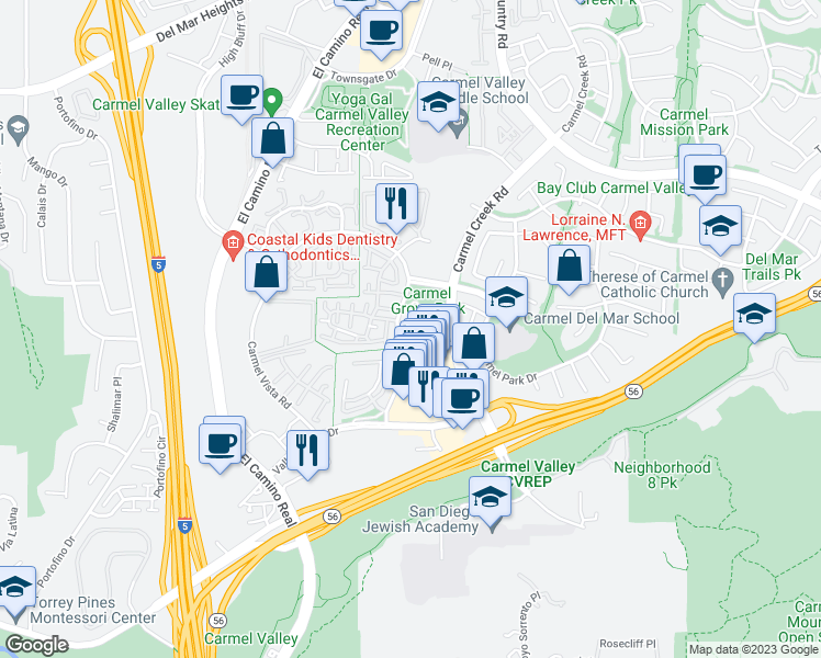 map of restaurants, bars, coffee shops, grocery stores, and more near 3776 Carmel View Road in San Diego