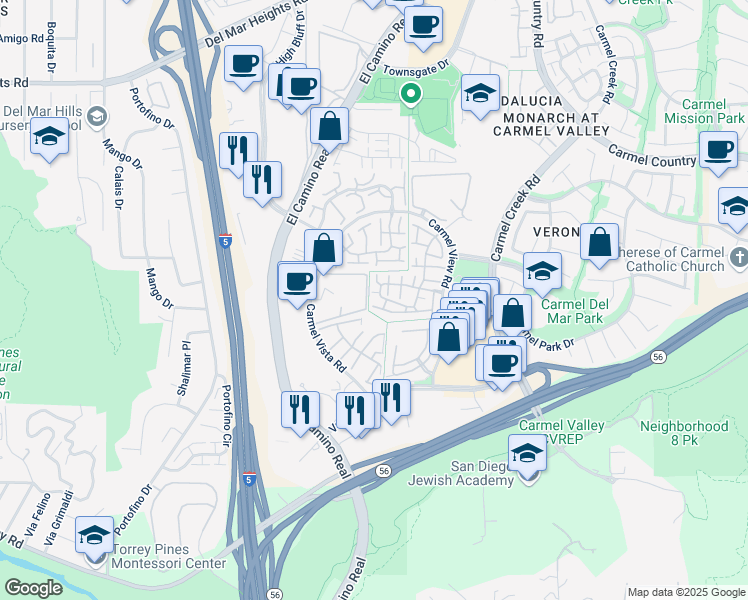 map of restaurants, bars, coffee shops, grocery stores, and more near 3660 Caminito Cielo Del Mar in San Diego