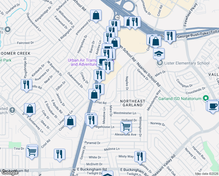map of restaurants, bars, coffee shops, grocery stores, and more near 2600-3298 Foster Road in Garland