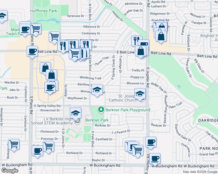 map of restaurants, bars, coffee shops, grocery stores, and more near 411 South Spring Creek Drive in Richardson