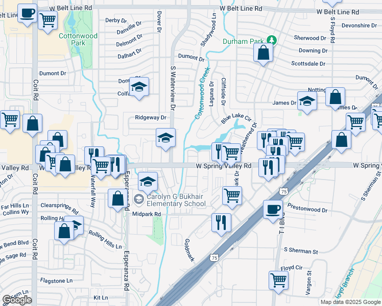 map of restaurants, bars, coffee shops, grocery stores, and more near 929 Blue Lake Circle in Richardson