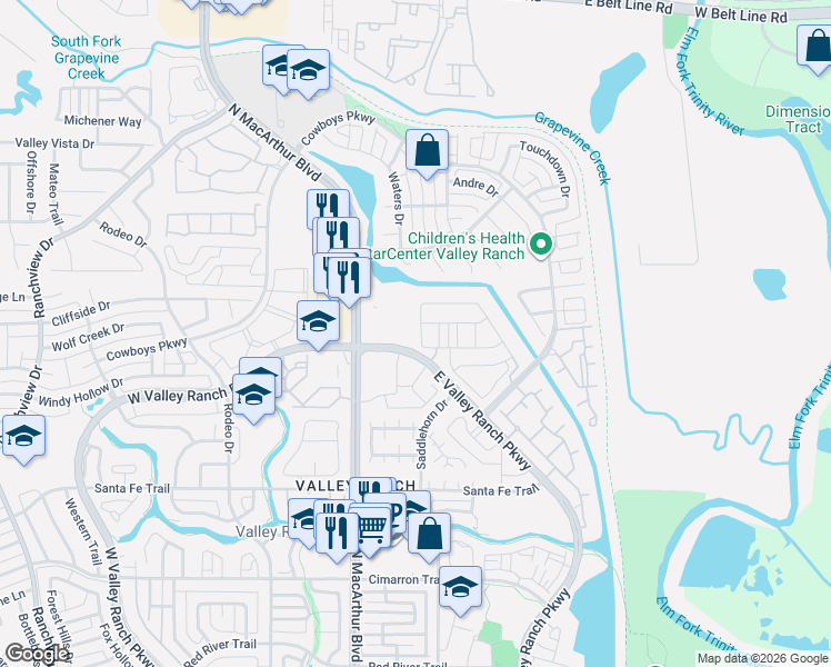 map of restaurants, bars, coffee shops, grocery stores, and more near 270 Jones Street in Irving