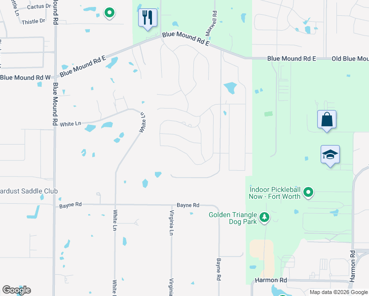 map of restaurants, bars, coffee shops, grocery stores, and more near 2105 White Lane in Haslet