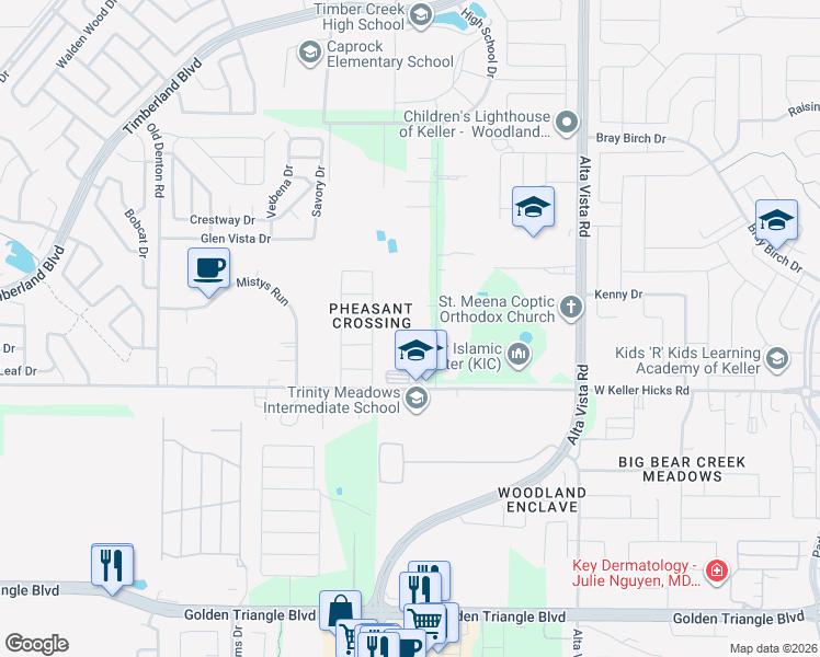 map of restaurants, bars, coffee shops, grocery stores, and more near 11429 Ridgeview Circle in Fort Worth
