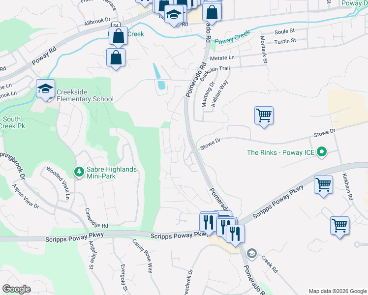 map of restaurants, bars, coffee shops, grocery stores, and more near 12284 Pepper Tree Lane in Poway