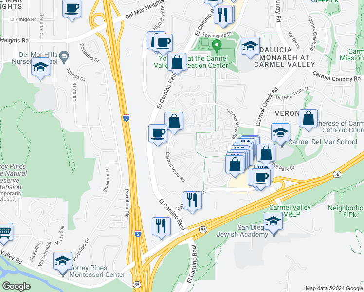 map of restaurants, bars, coffee shops, grocery stores, and more near 12237 Carmel Vista Road in San Diego