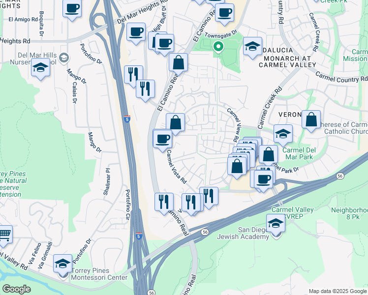 map of restaurants, bars, coffee shops, grocery stores, and more near 12237 Carmel Vista Road in San Diego