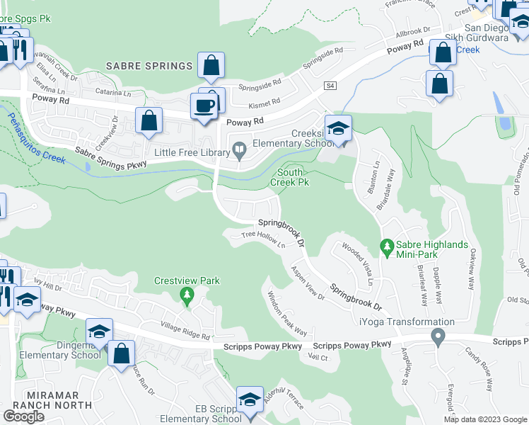 map of restaurants, bars, coffee shops, grocery stores, and more near 12222 Meadow Grass Court in San Diego