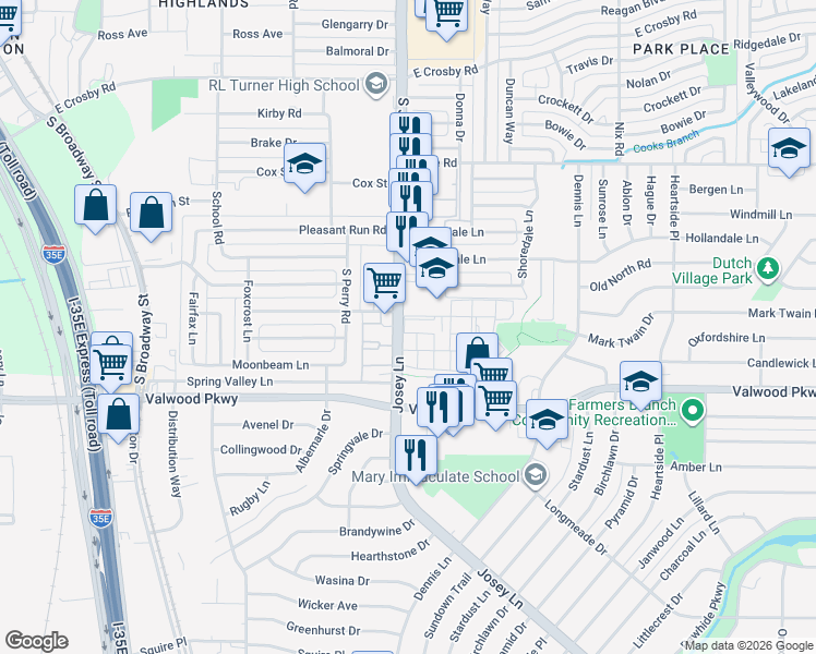 map of restaurants, bars, coffee shops, grocery stores, and more near 2706 Cookscreek Place in Farmers Branch