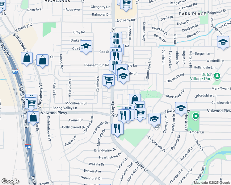 map of restaurants, bars, coffee shops, grocery stores, and more near 2711 Cookscreek Place in Farmers Branch