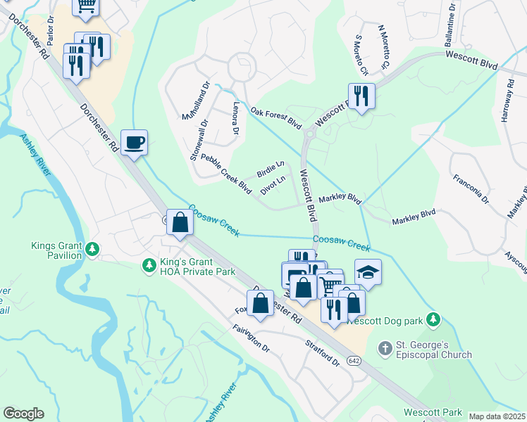 map of restaurants, bars, coffee shops, grocery stores, and more near 9661 Pebble Creek Boulevard in Summerville