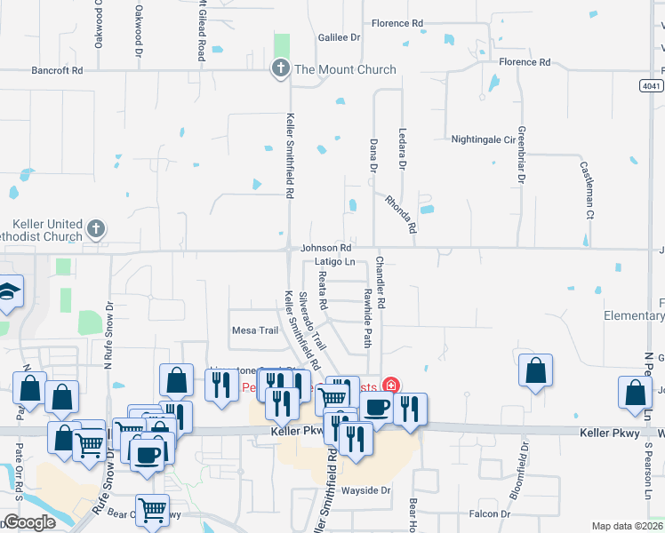 map of restaurants, bars, coffee shops, grocery stores, and more near 1433 Latigo Lane in Keller