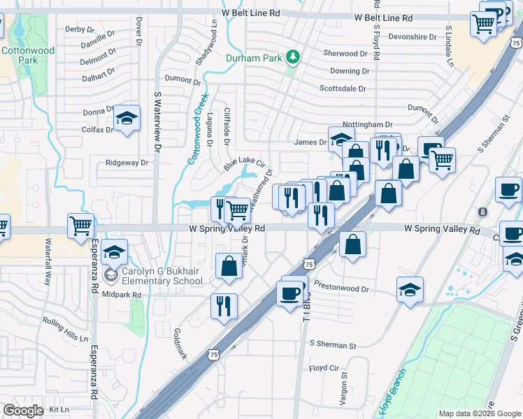 map of restaurants, bars, coffee shops, grocery stores, and more near 916 South Weatherred Drive in Richardson