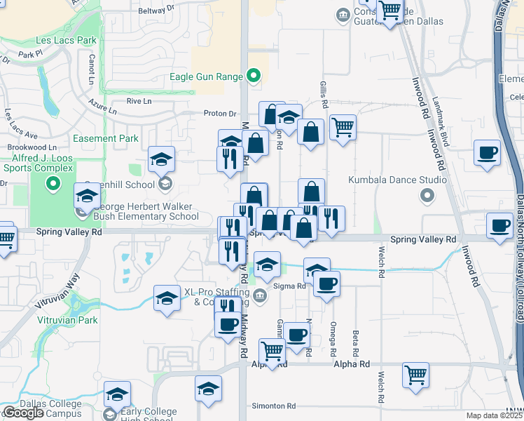 map of restaurants, bars, coffee shops, grocery stores, and more near 4201 Spring Valley Road in Dallas