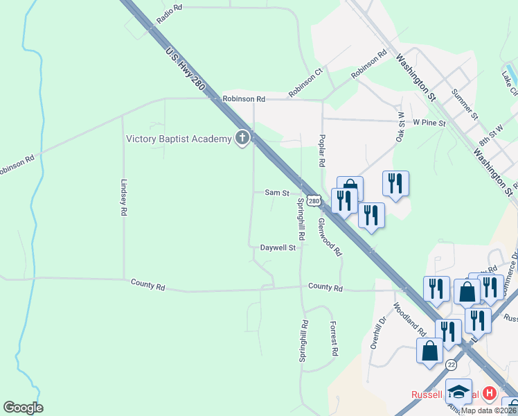 map of restaurants, bars, coffee shops, grocery stores, and more near 341 South Road in Alexander City