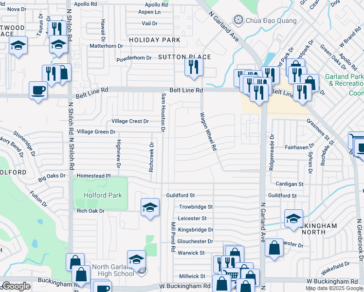 map of restaurants, bars, coffee shops, grocery stores, and more near 1822 Plantation Road in Garland