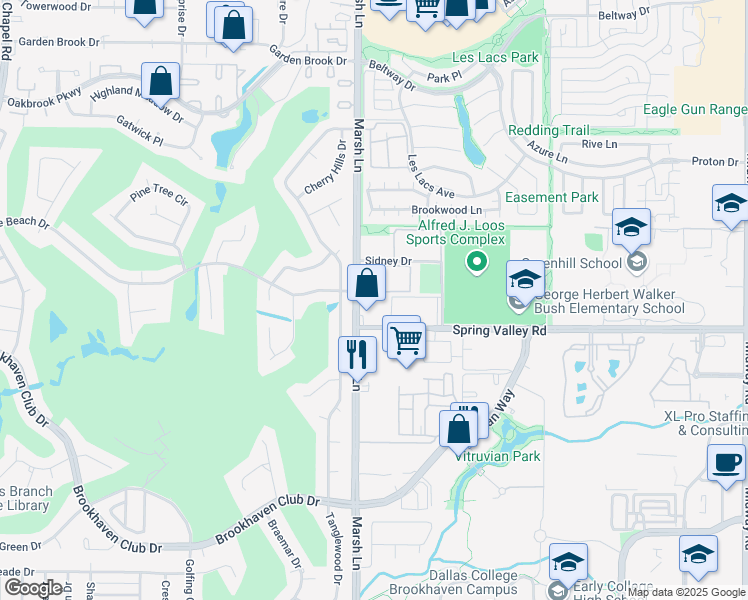 map of restaurants, bars, coffee shops, grocery stores, and more near 14500 Marsh Lane in Addison