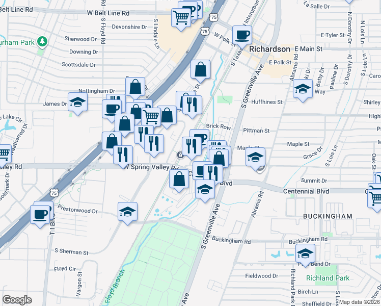 map of restaurants, bars, coffee shops, grocery stores, and more near 744 Brick Row in Richardson