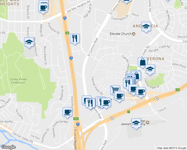 map of restaurants, bars, coffee shops, grocery stores, and more near 12253 Carmel Vista Road in San Diego