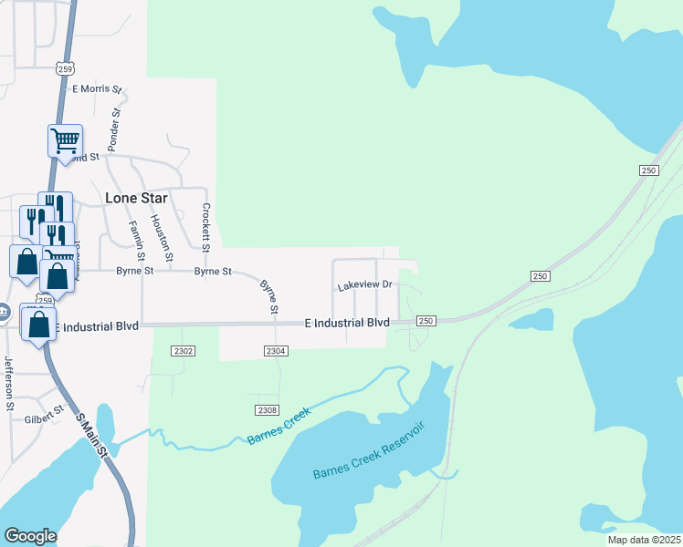 map of restaurants, bars, coffee shops, grocery stores, and more near 1001 Lakeview Drive in Lone Star