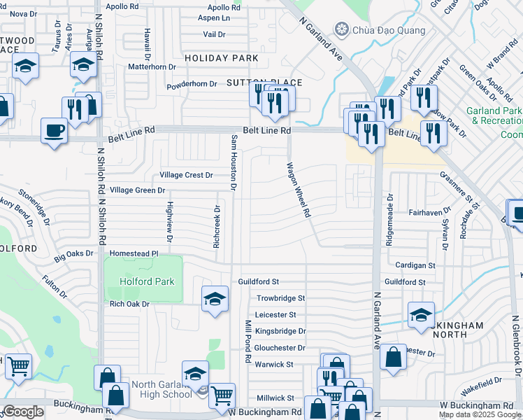 map of restaurants, bars, coffee shops, grocery stores, and more near 1822 Plantation Road in Garland