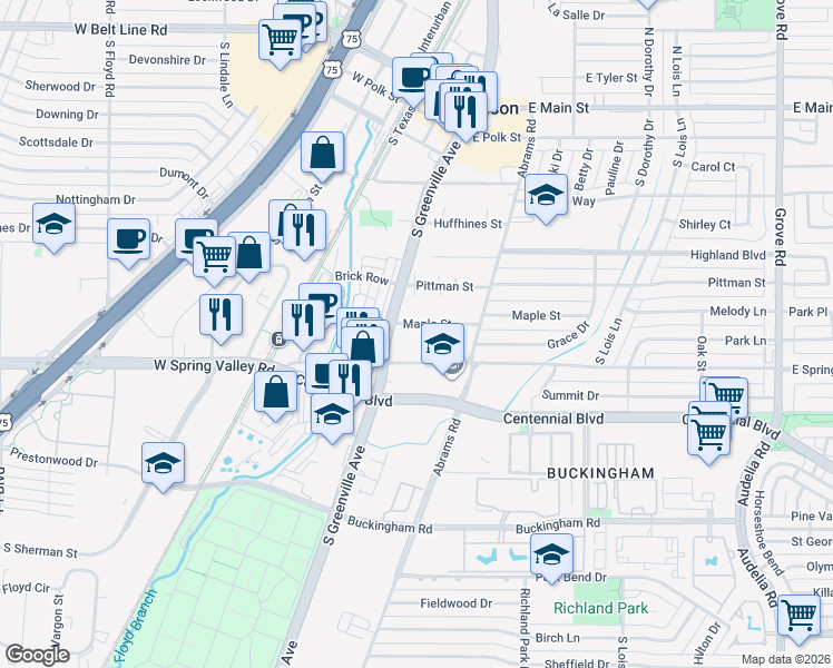map of restaurants, bars, coffee shops, grocery stores, and more near 313 Maple Street in Richardson