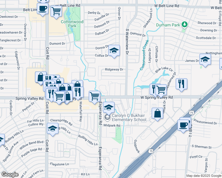 map of restaurants, bars, coffee shops, grocery stores, and more near 911 Spring Valley Plaza in Richardson