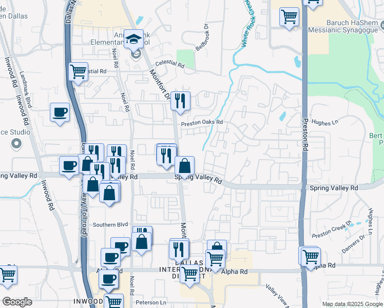 map of restaurants, bars, coffee shops, grocery stores, and more near 14110 Montfort Drive in Dallas