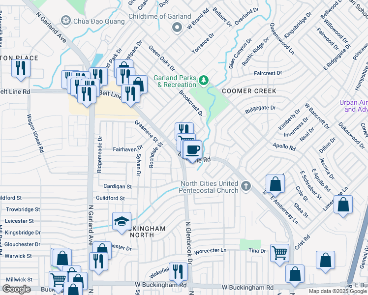 map of restaurants, bars, coffee shops, grocery stores, and more near 915 Belt Line Road in Garland
