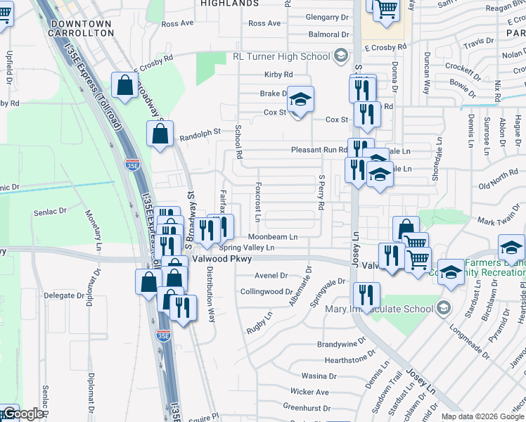 map of restaurants, bars, coffee shops, grocery stores, and more near 1827 Wintergreen Road in Carrollton