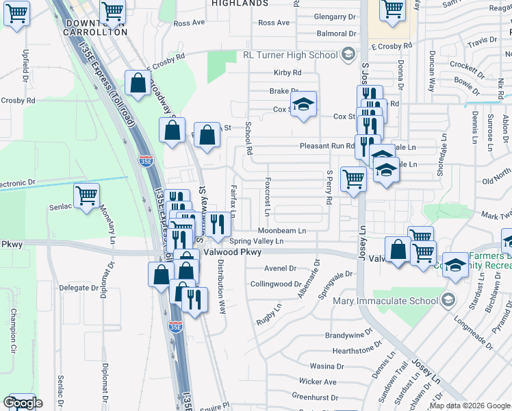map of restaurants, bars, coffee shops, grocery stores, and more near 1811 Appletree Lane in Carrollton