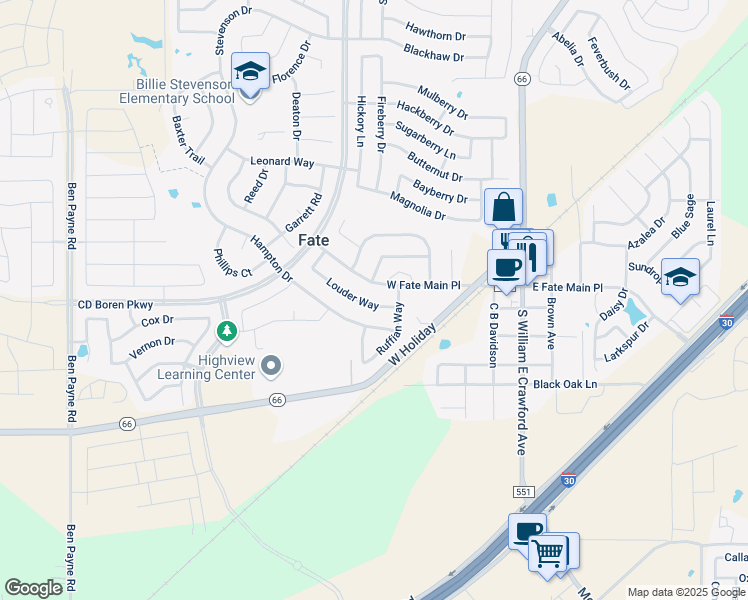map of restaurants, bars, coffee shops, grocery stores, and more near 582 Louder Way in Rockwall